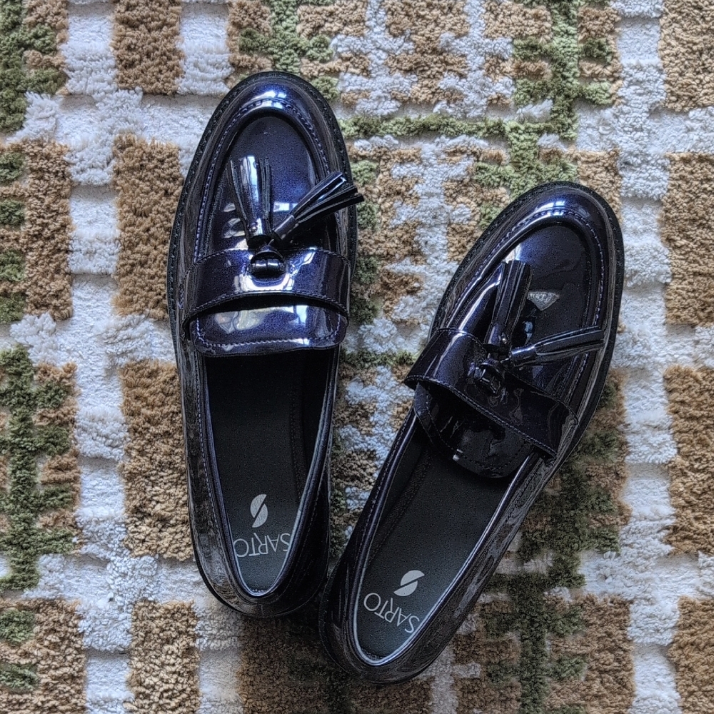 Franco Sarto Patent Purple Balinna Platform Tassel Loafers Size 9 - Picture 2 of 4